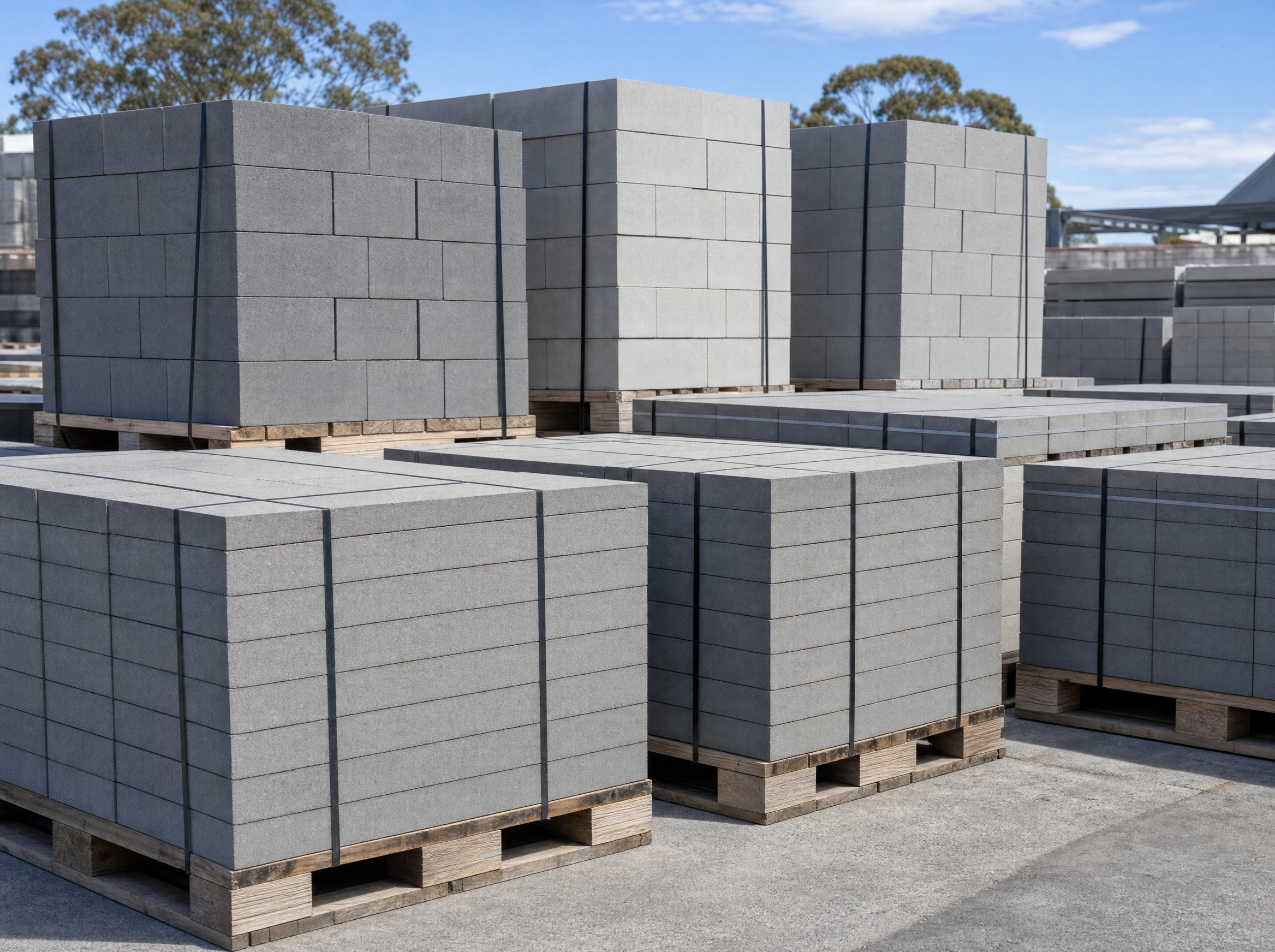 Palletised concrete pavers and masonry blocks in a trade yard