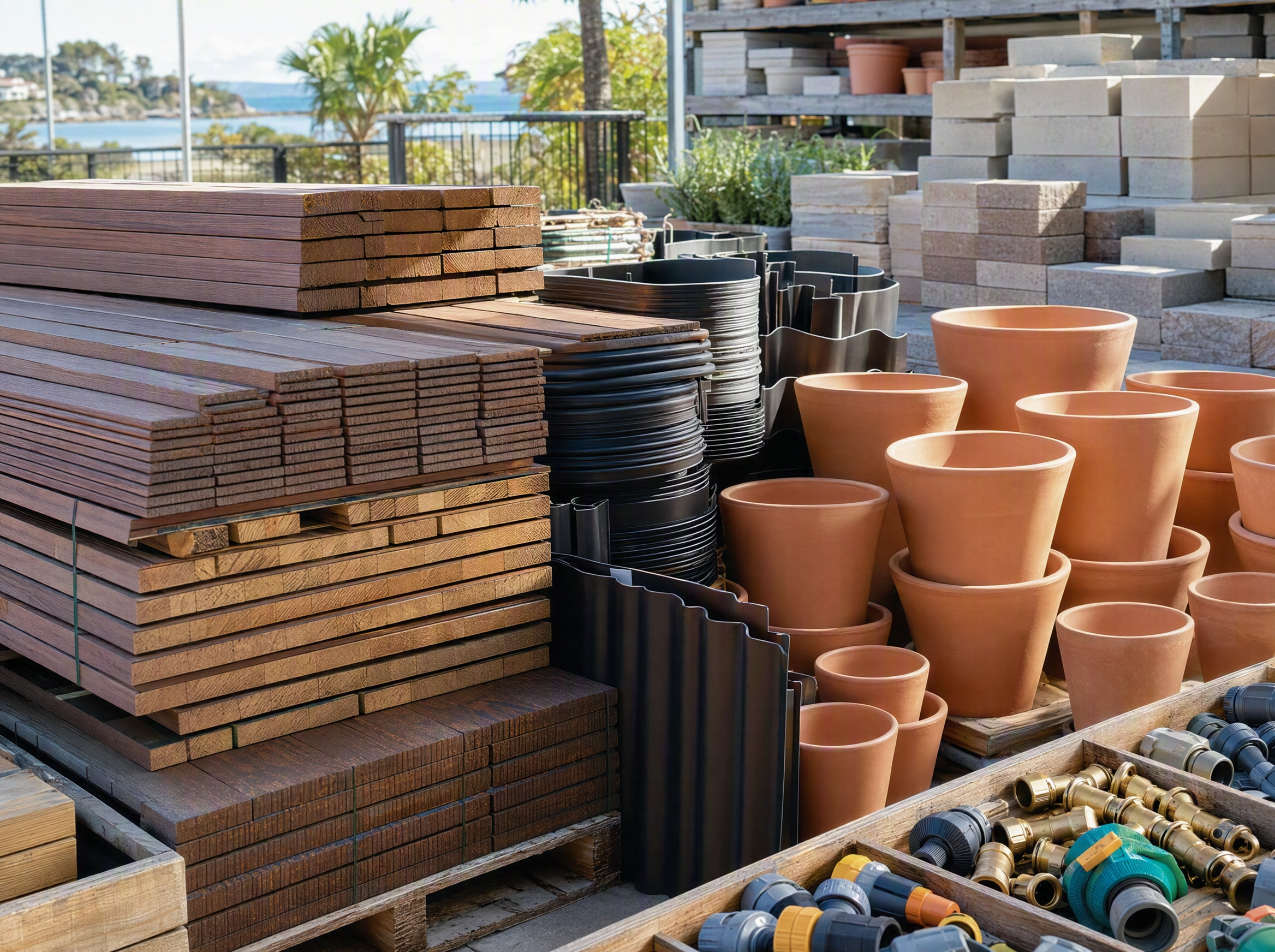 Decking boards, landscaping supplies, pots and paving stones