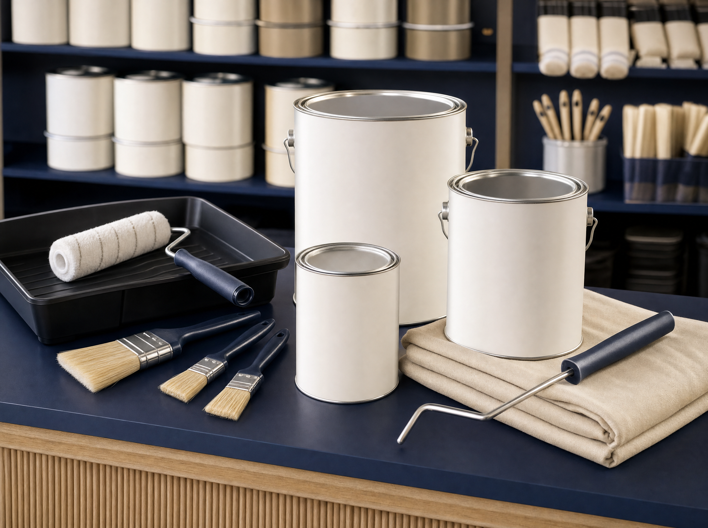 Plain paint tins, rollers, brushes and trays on a trade counter