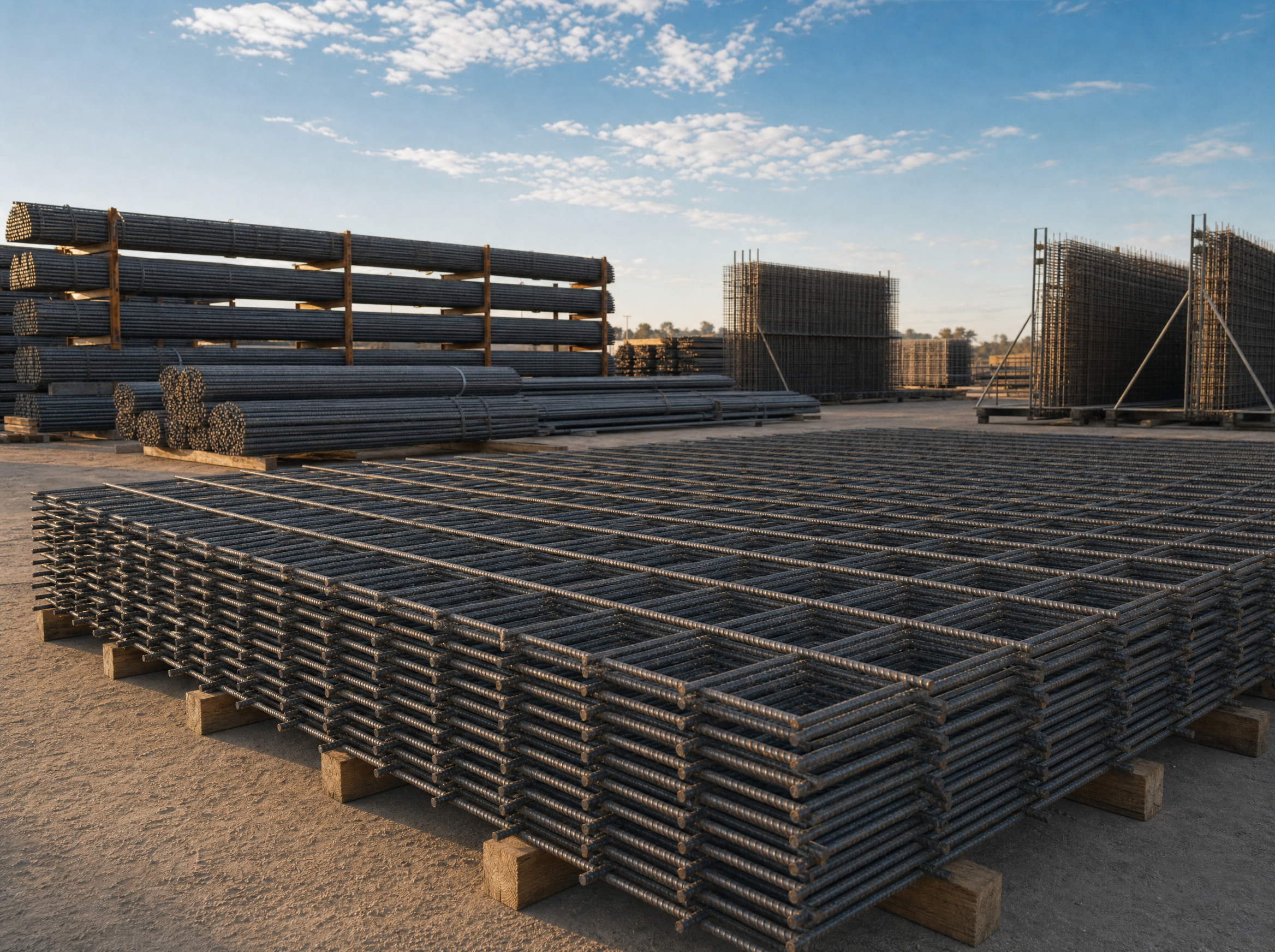 Stacks of steel reinforcement bar and mesh