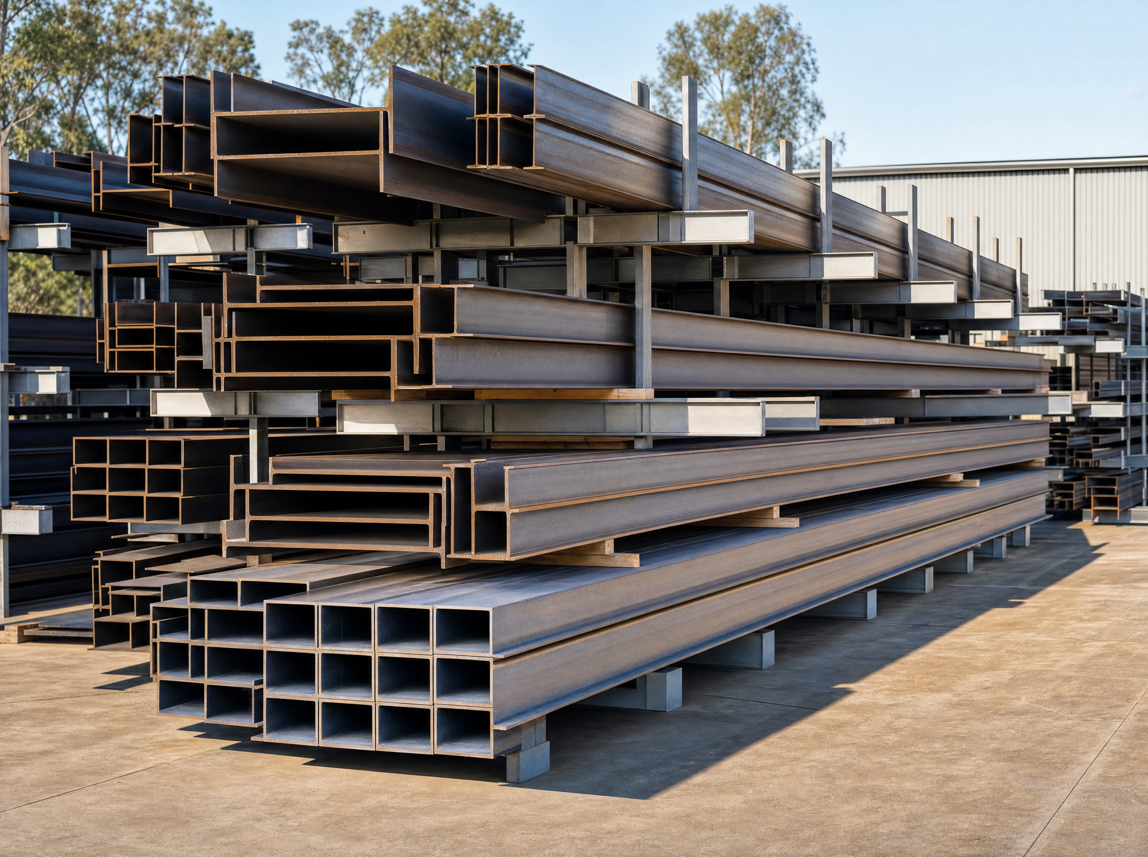 Structural steel beams, columns and hollow sections on storage racks